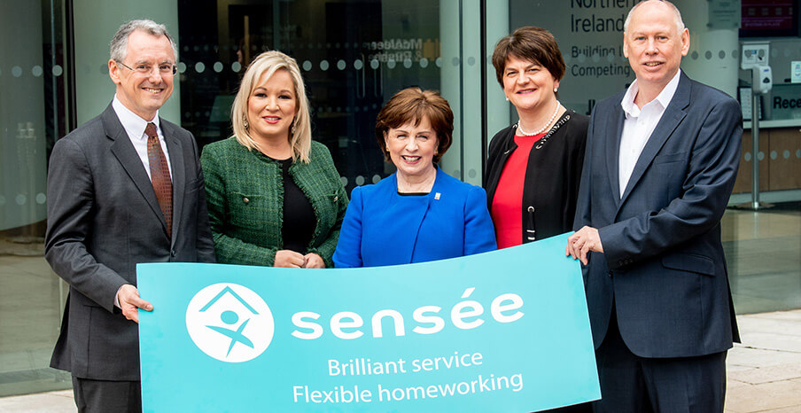 Pictured (L-R) are Kevin Holland, CEO, Invest NI with deputy First Minister Michelle O’Neill, Minister for the Economy Diane Dodds, First Minister Arlene Foster and Rob Smale, COO, Sensée.