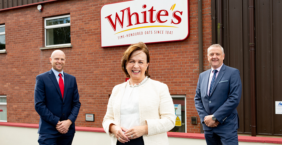 Pictured (L-R) are James Mathers, General Manager at White’s Oats, with Minister for the Economy Diane Dodds, and Trevor Lockhart, Chief Executive, Fane Valley Co-op