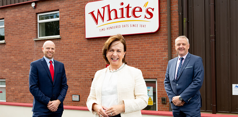 Pictured (L-R) are James Mathers, General Manager at White’s Oats, with Minister for the Economy Diane Dodds, and Trevor Lockhart, Chief Executive, Fane Valley Co-op