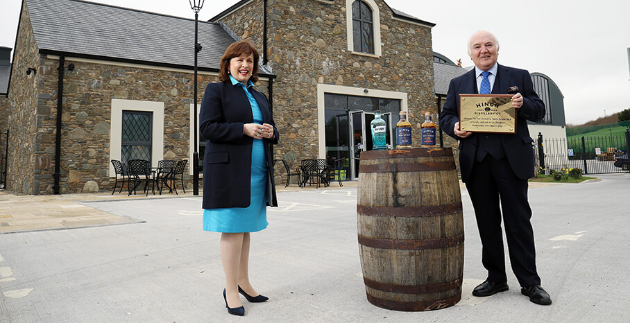Pictured (L-R) are Economy Minister Diane Dodds with Dr Terry Cross OBE, Owner, Hinch Distilleryetary with George McKinney, Invest NI’s Director of Technology & Services.