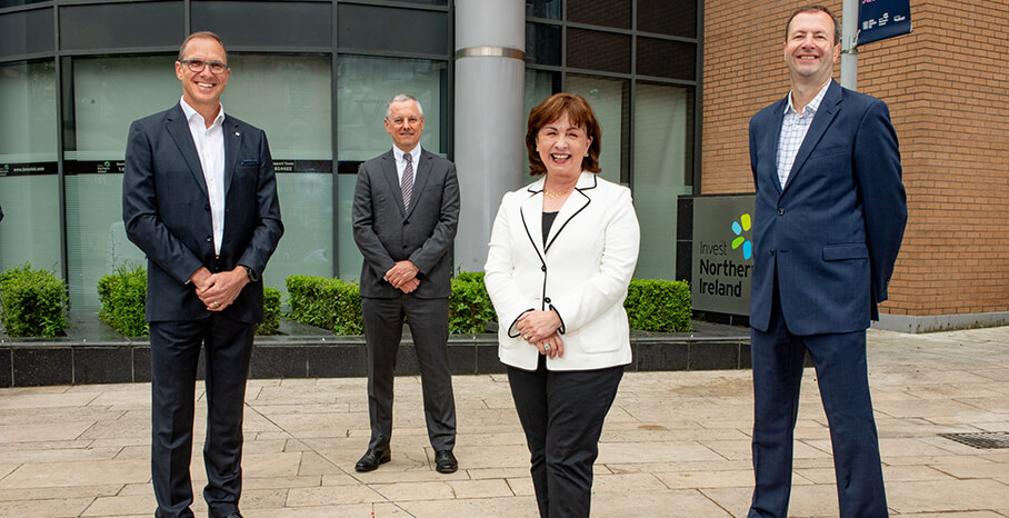 Pictured (L-R) is Adam Foster, CEO, Hinduja Global Solutions UK with Kevin Holand, CEO, Invest NI, Economy Minister Diane Dodds and Mark Hooper, CFO, Hinduja Global Solutions UK.