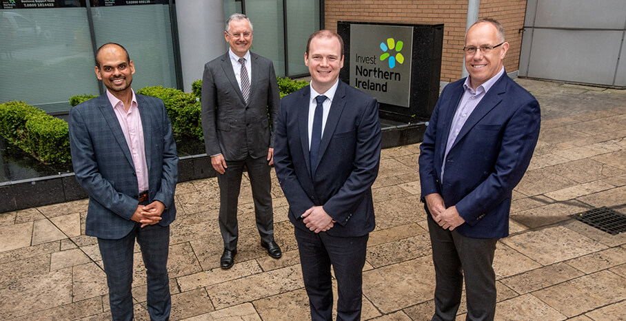Pictured (L-R) are Thomas Raju, Belfast Site Lead, Agio with Kevin Holland, CEO, Invest NI; Gordon Lyons, Economy Minister  and Garvin McKee, Chief Revenue Officer, Agio.