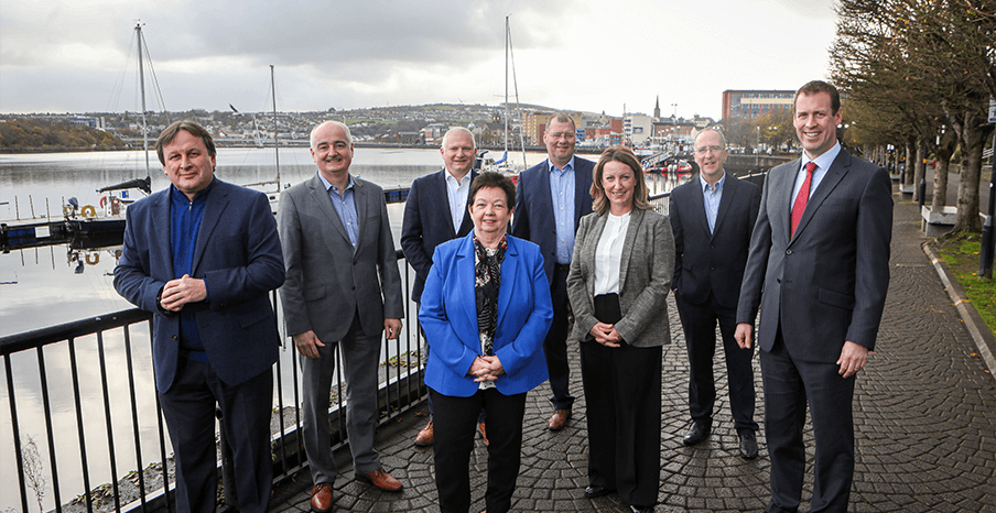 Front Row: Pictured (L-R) is Leo Murphy, Principal & CEO, North West Regional College; Dawn McLaughlin, President of Londonderry Chamber of Commerce; Anne Beggs, Invest NI; and Steve Harper, Invest NI. Back Row: Pictured (L-R) is Peter Devine, Head of Strategic Partnerships, Ulster University; Alan McKeown, Executive Director of Regional Business, Invest NI; Stephen Gillespie, Director of Business & Culture, Derry City and Strabane District Council; and Des Gartland, Invest NI.
