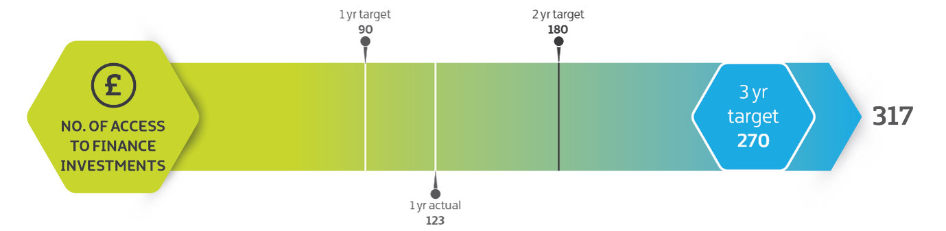 Infographic showing access to finance investment targets and progress (repeated in article text).