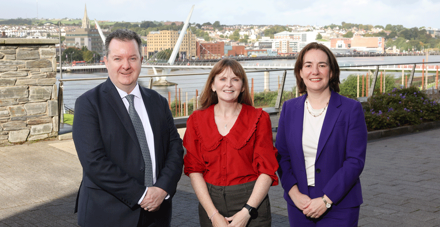 (L-R) are Kieran Donoghue, CEO, Invest NI; Economy Minister, Dr Caoimhe Archibald; and Aeidin McCarter, Head of North West Regional Business, Invest NI