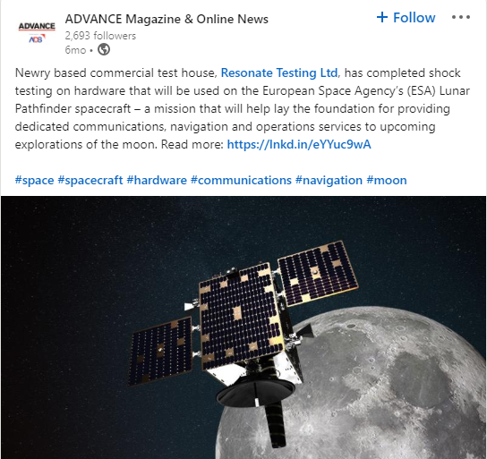 LinkedIn post for Resonate Testing - European Space Agency’s (ESA) Lunar Pathfinder spacecraft 