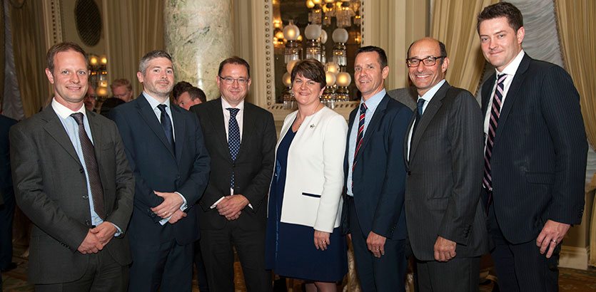 International Bar Association Conference 2016 - Pictured left to right: David Markey (Foley and Lardner LLB, Los Angeles), David Jones (Tughans), Peter Stafford (A&L Goodbody), First Minister Arlene Foster, Chris Ross (John McKee), Jonathan Hool (Hool Law) and Alastair Keith (A&L Goodbody).