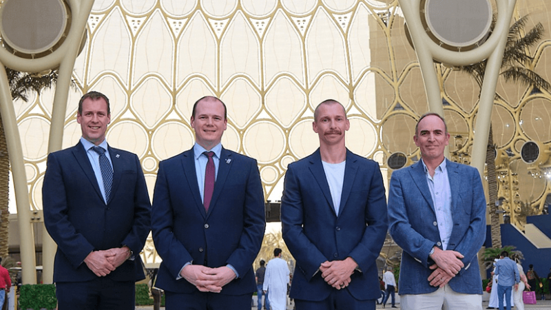 Pictured (L-R) are Steve Harper, Executive Director of International Business, Invest NI with Economy Minister Gordon Lyons; David Black, Director of Middle East Operations, Joule Group and Mark Wood, Chief Operating Officer (Asia), Lowe Rental.