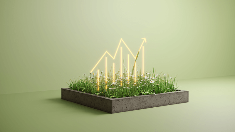 Virtual graph in box of grass to represent positive improvements in business sustainability