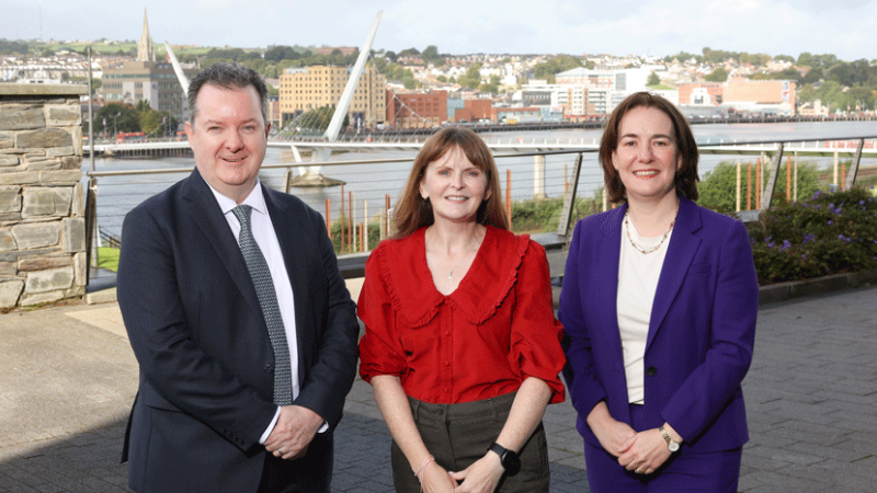 (L-R) are Kieran Donoghue, CEO, Invest NI; Economy Minister, Dr Caoimhe Archibald; and Aeidin McCarter, Head of North West Regional Business, Invest NI